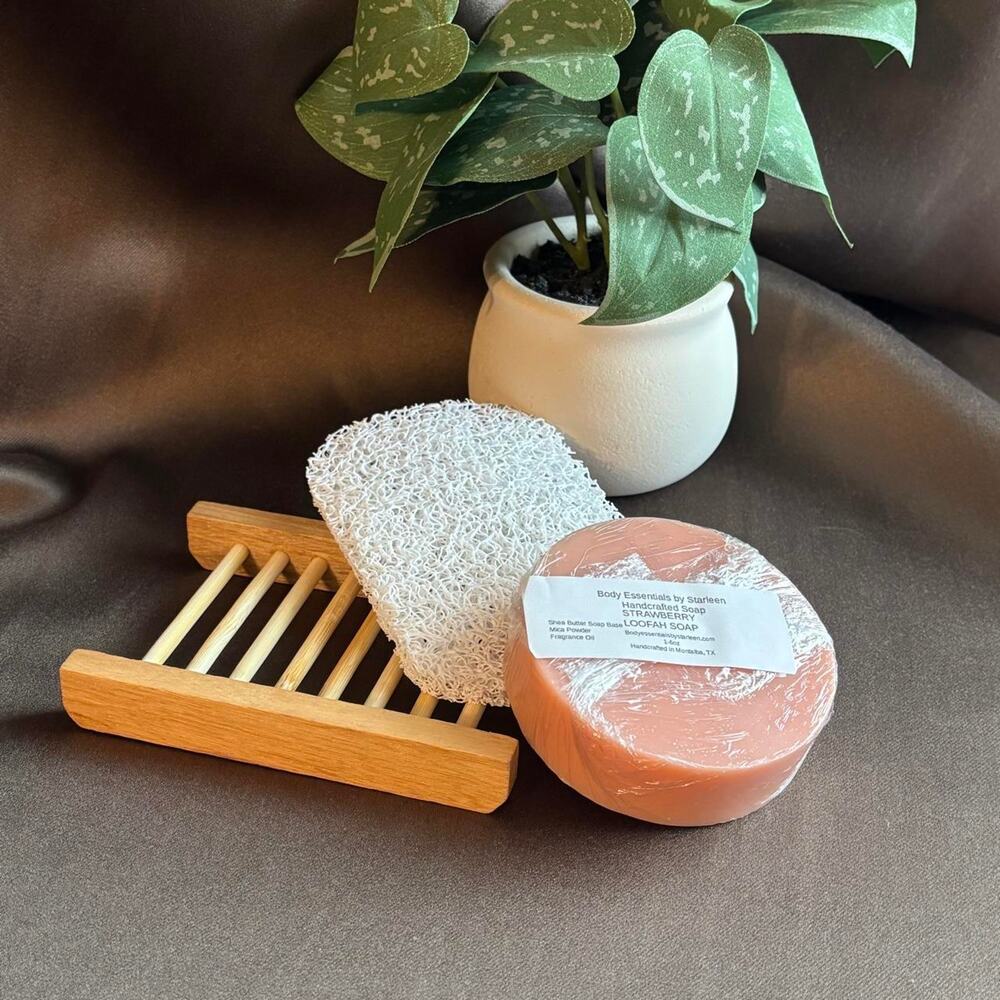 Handcrafted strawberry loofah soap bundle (plant not included)